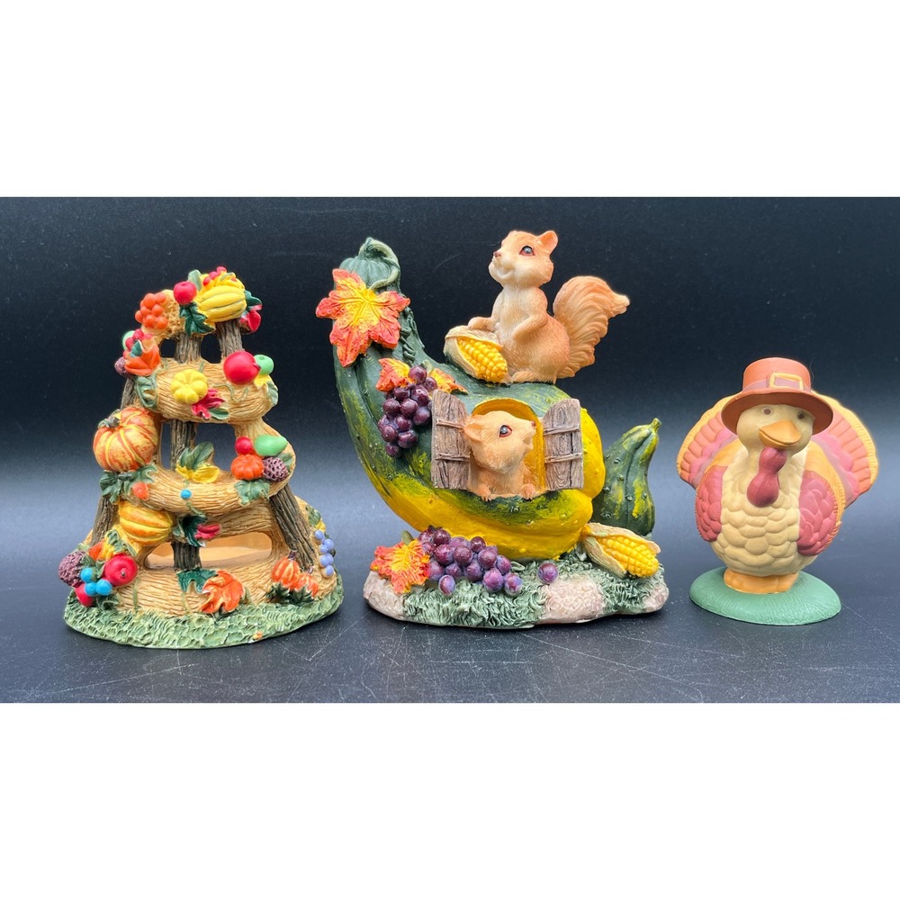 Thanksgiving Fall Decor Set Resin Squirrel Gourd Turkey Shaker Candle Holder